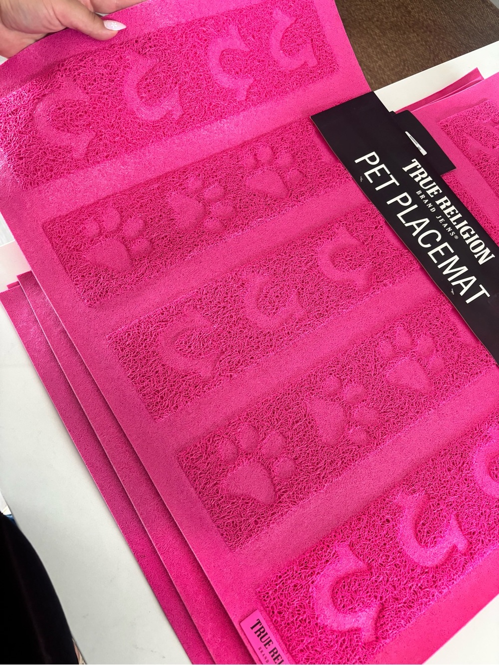 True Religion Vibrant Pink Pet Placemat with Paw for pets!